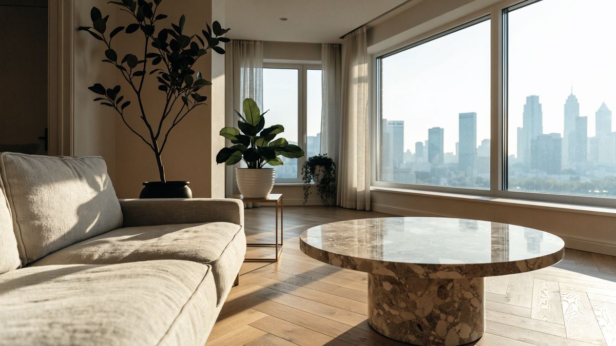 Sala de apartamento com vista para a cidade